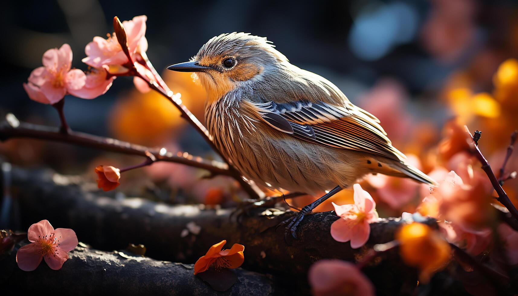 AI generated A cute sparrow sitting on a branch, surrounded by colorful flowers generated by AI photo