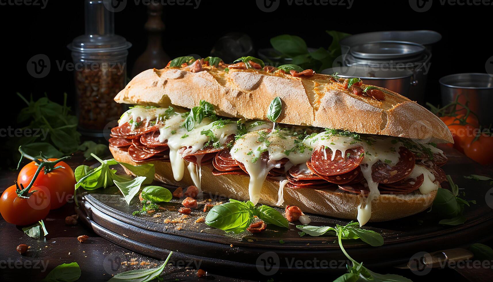 AI generated Grilled beef sandwich on ciabatta, fresh salad, rustic wood table generated by AI photo