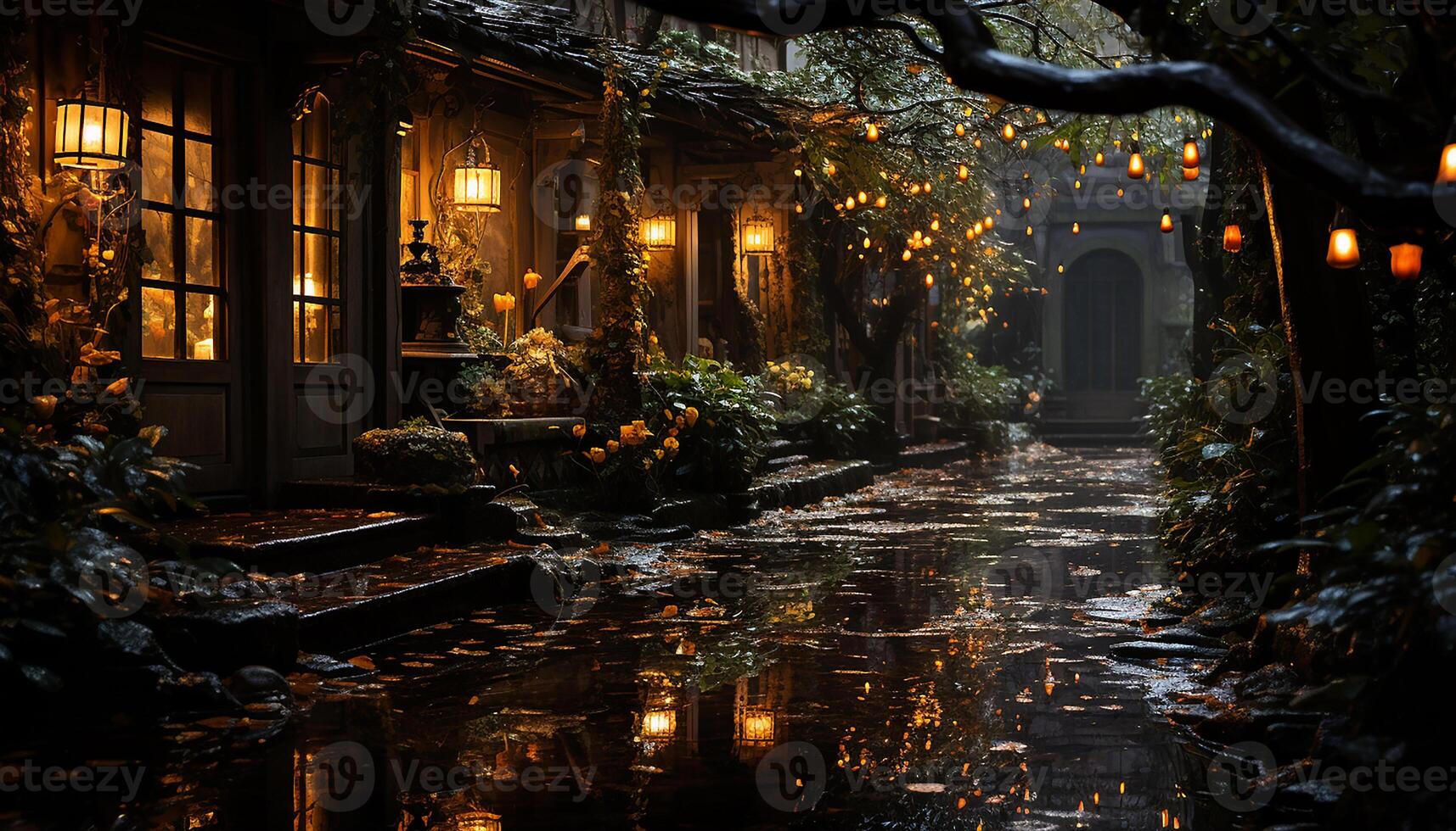 AI generated The illuminated lanterns light up the dark autumn night generated by AI photo