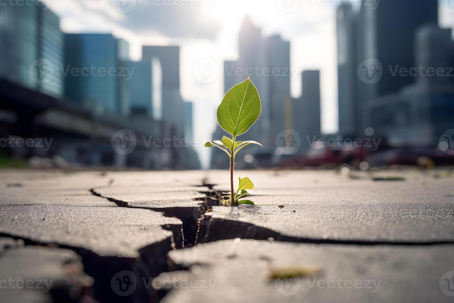 AI generated A small plant grows from a crack in the tar photo