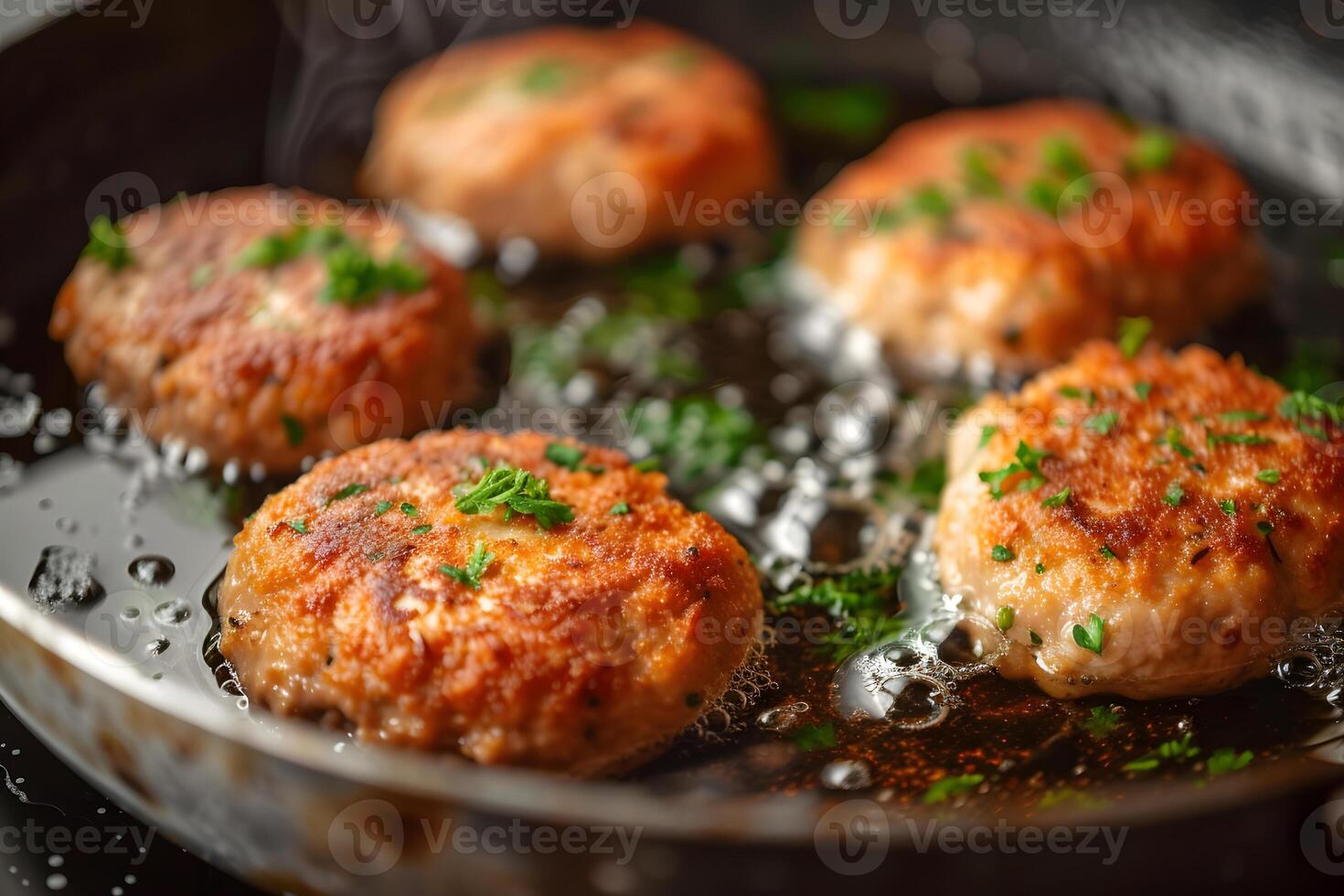 AI generated Meat cutlets in frying pan over background. Herbs and spices. Top view, flat lay. High quality photo