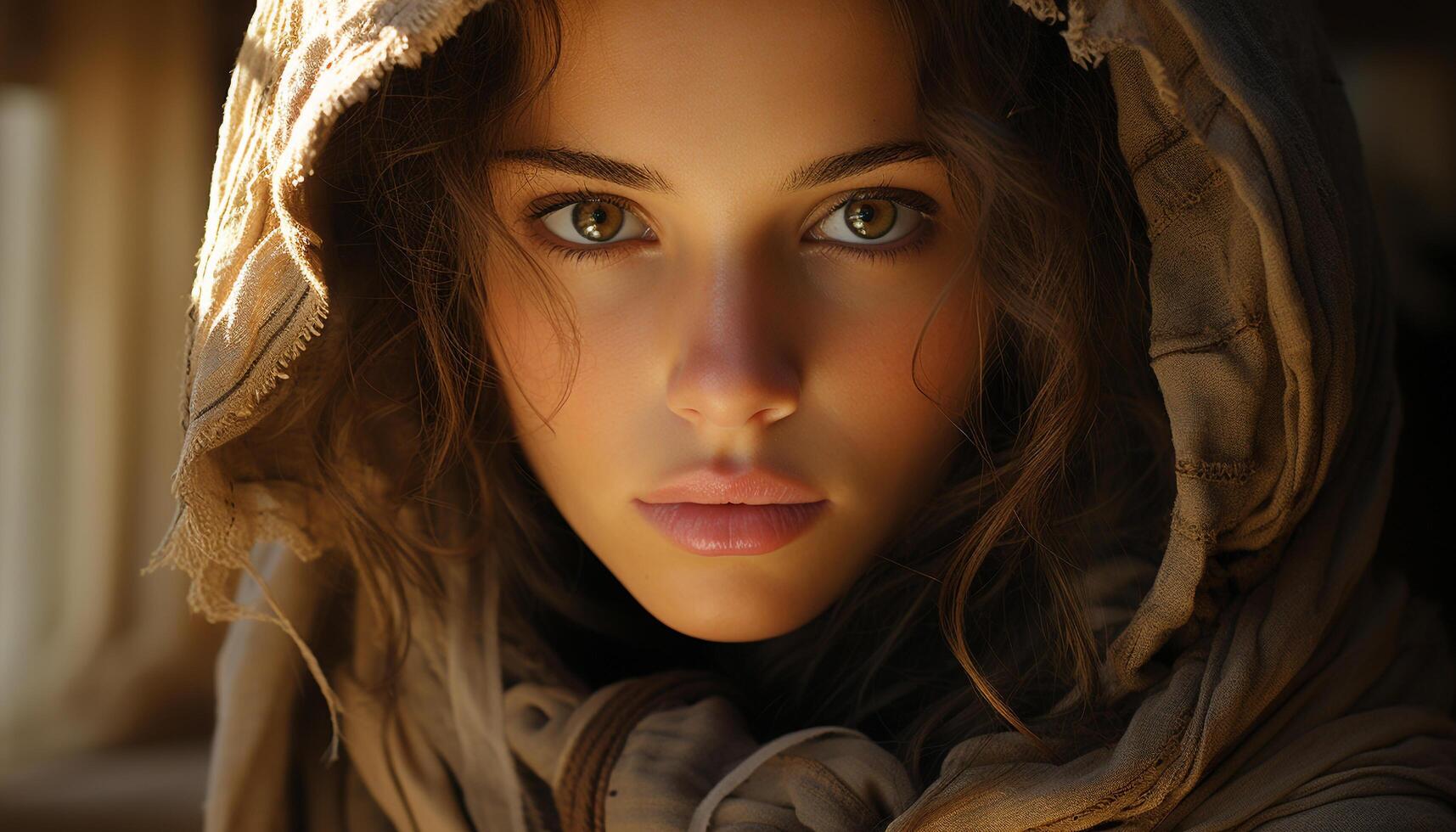AI generated Beautiful young woman with brown hair looking at camera outdoors generated by AI photo