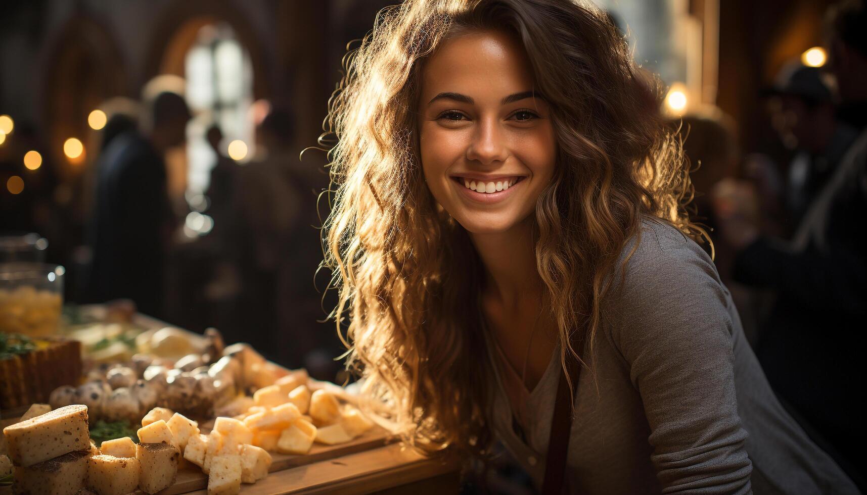 AI generated A cheerful woman enjoying food outdoors, looking at camera generated by AI photo