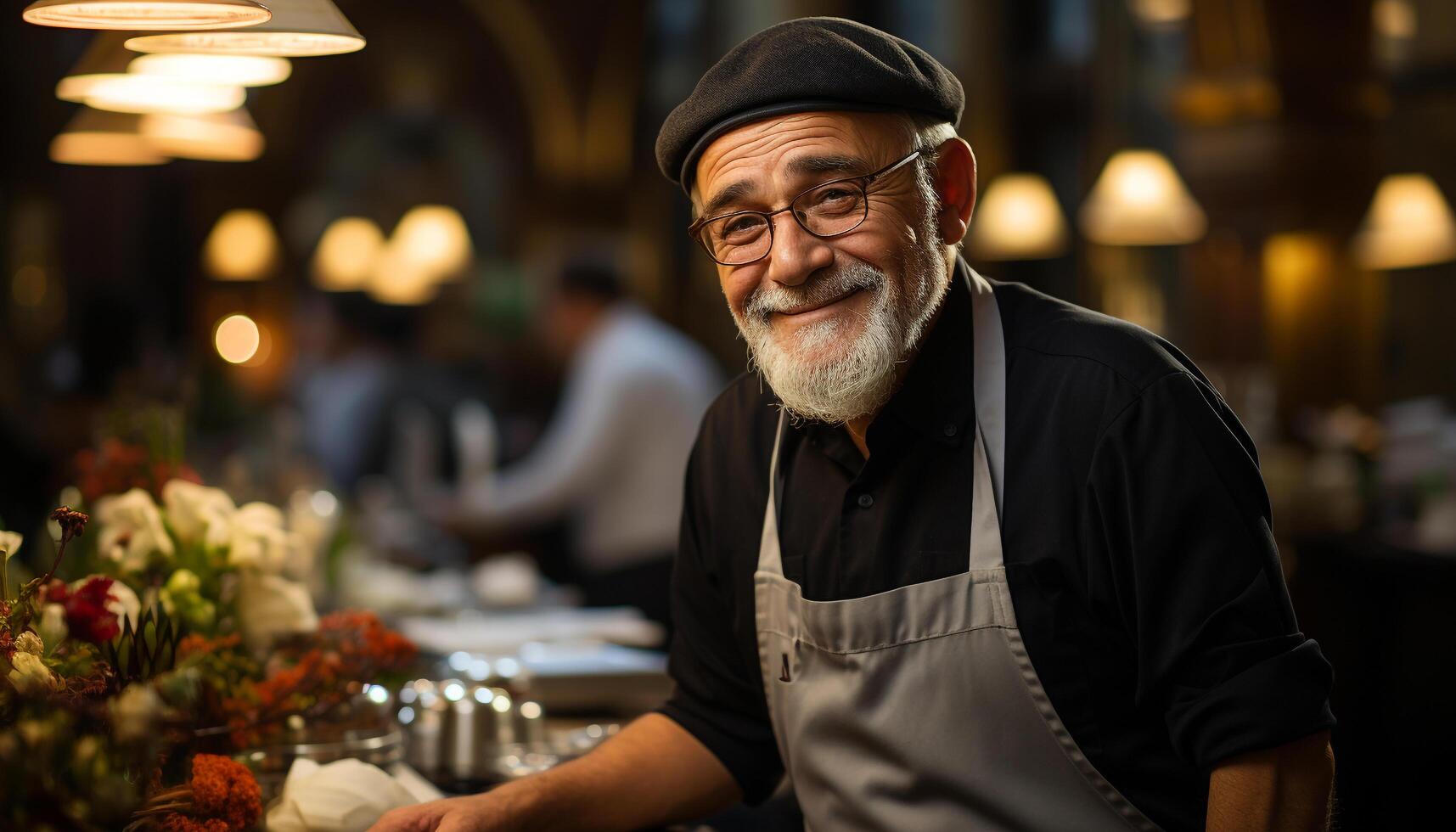 AI generated A cheerful senior man, owner of a coffee shop, smiling generated by AI photo