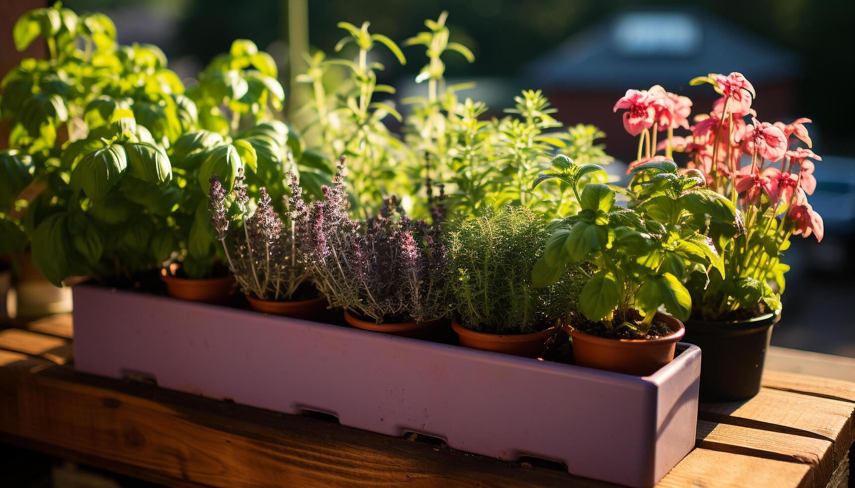 AI generated Freshness of nature beauty in a purple flower pot outdoors generated by AI photo