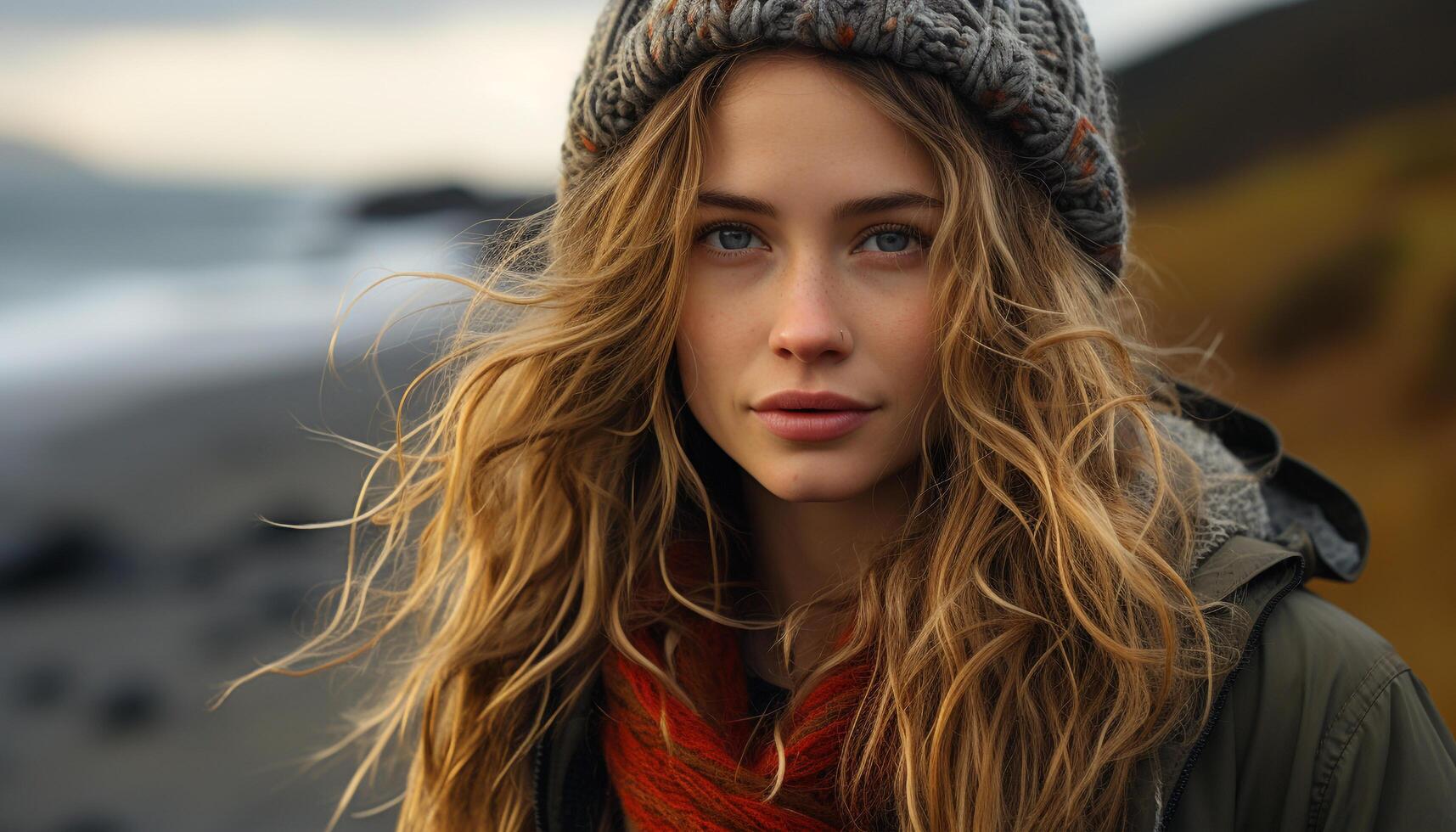 AI generated Young woman outdoors, looking at camera, smiling, confident, beautiful generated by AI photo
