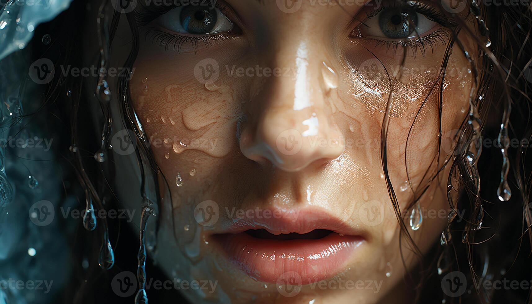 ai generado joven mujer disfrutando el lluvia, sonriente con inocencia y alegría generado por ai foto