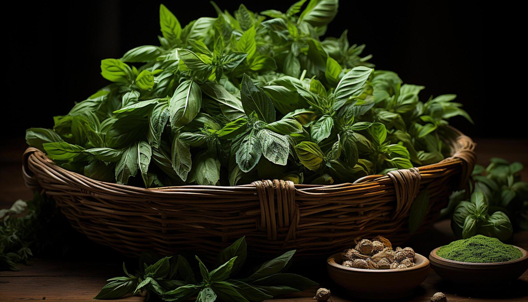 AI generated Freshness of nature green herb, organic healthy eating on wood generated by AI photo