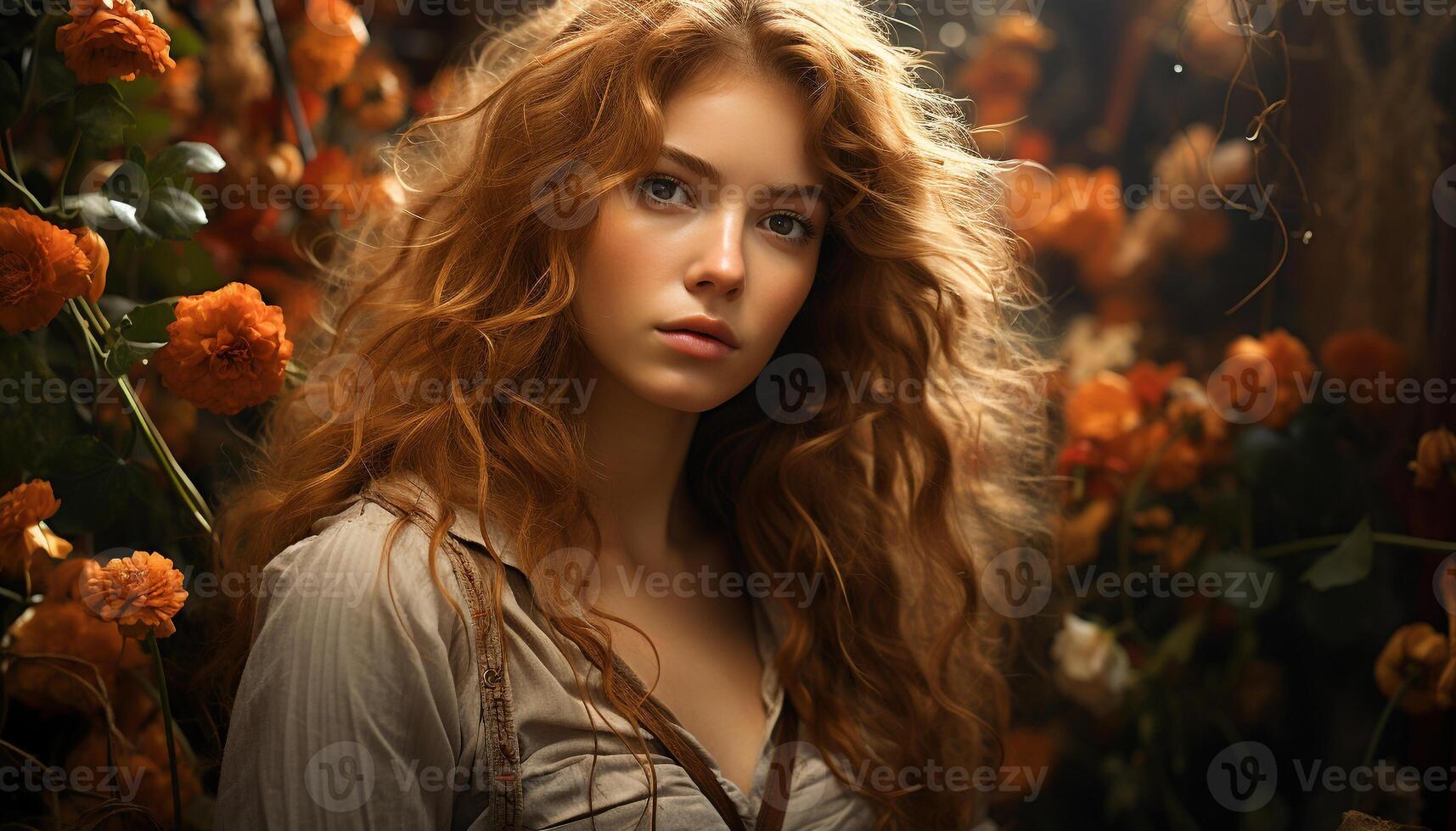 AI generated One beautiful woman, looking at camera, smiling in nature generated by AI photo