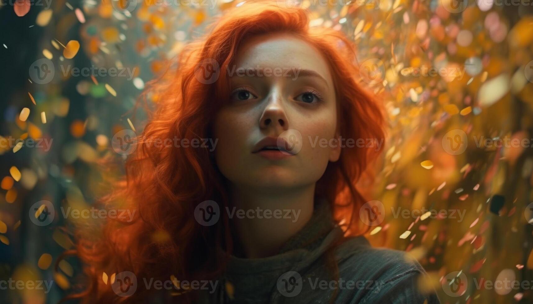 AI generated Beautiful redhead woman enjoying autumn outdoors, looking cheerful and cute generated by AI photo
