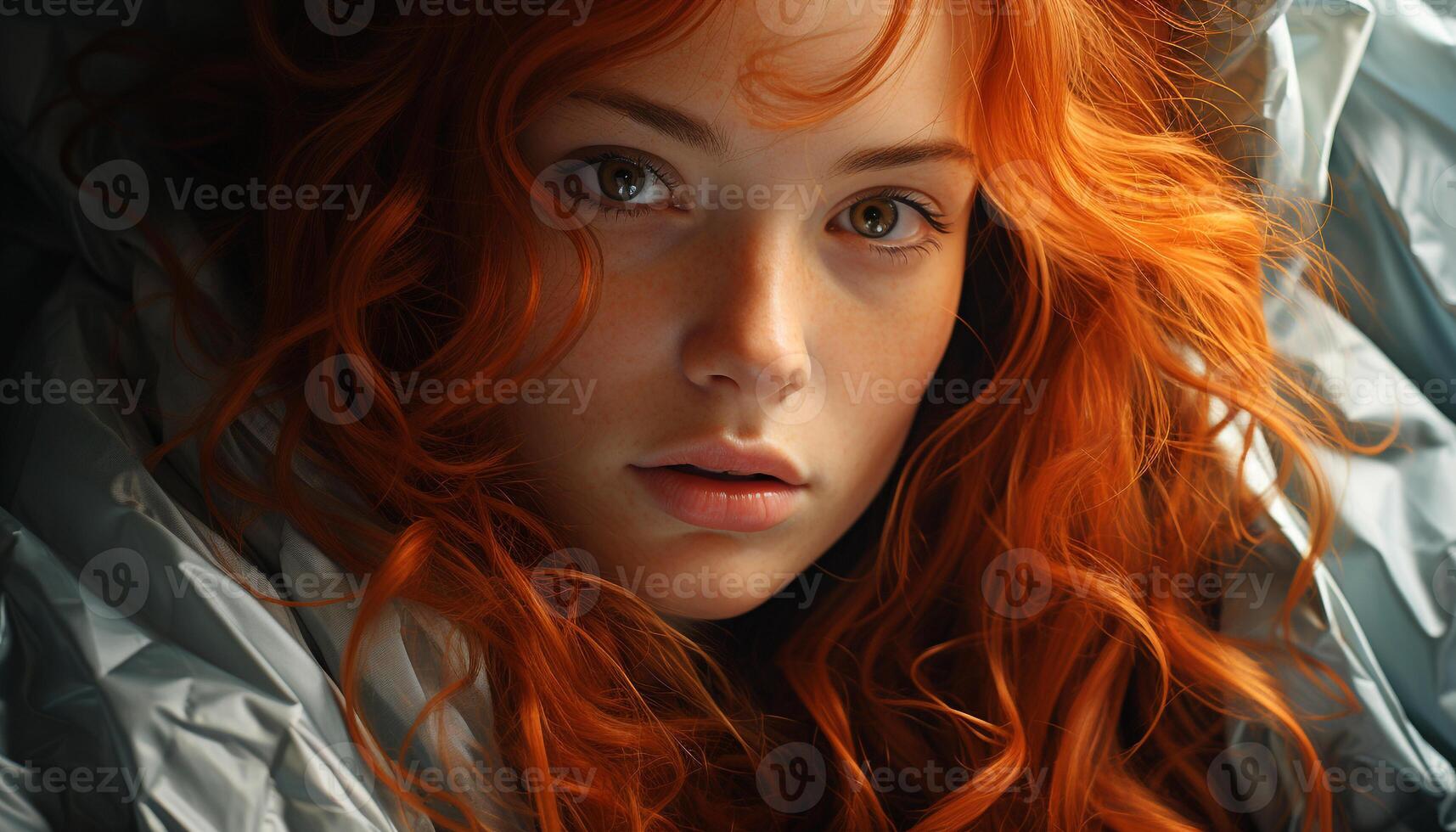 AI generated One beautiful woman with long curly hair looking at camera generated by AI photo