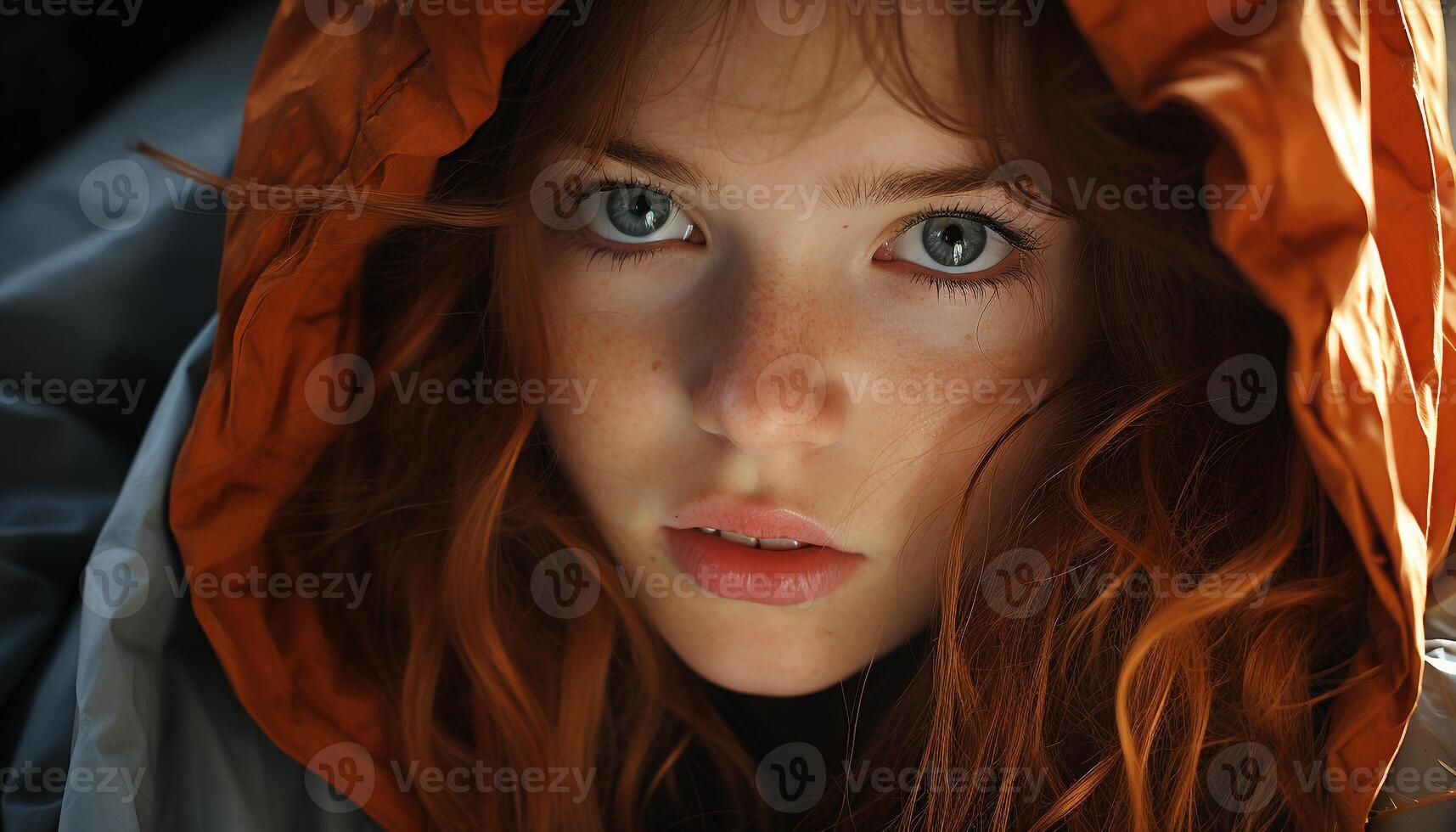 AI generated One beautiful woman, outdoors, looking at camera, smiling, with long brown hair generated by AI photo