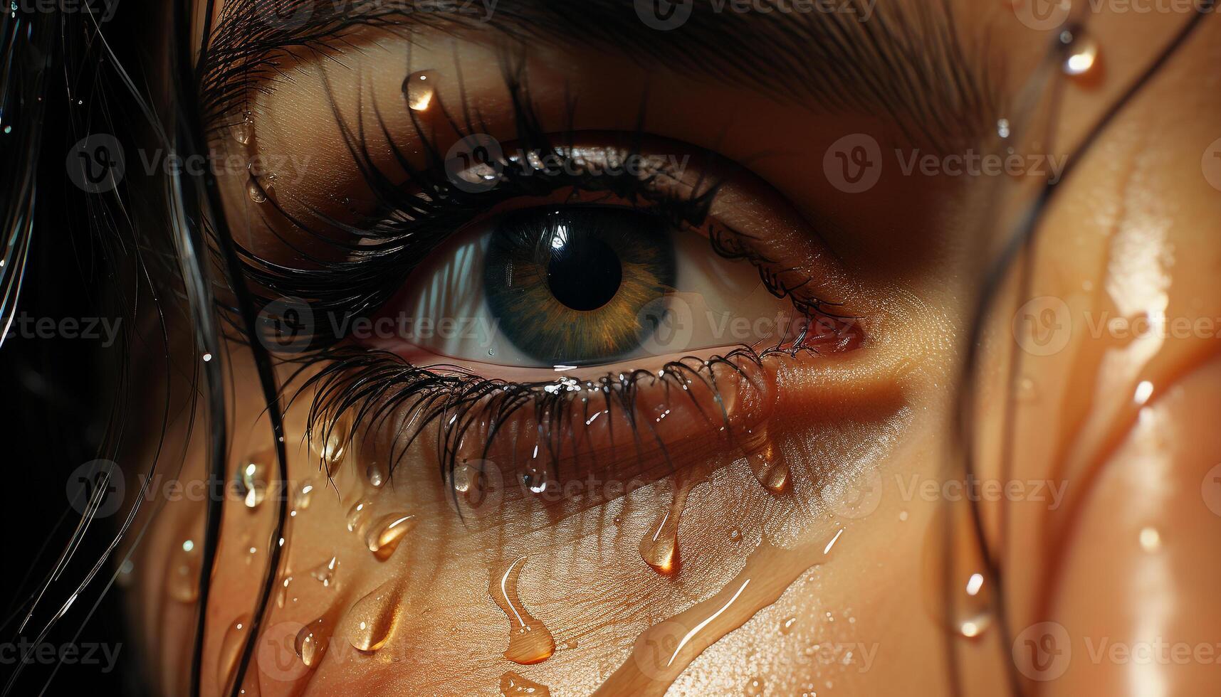 AI generated Young woman wet eye looking at camera, reflecting nature beauty generated by AI photo