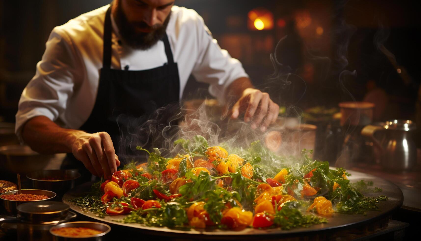AI generated One man cooking gourmet grilled salad indoors, expertise in preparation generated by AI photo