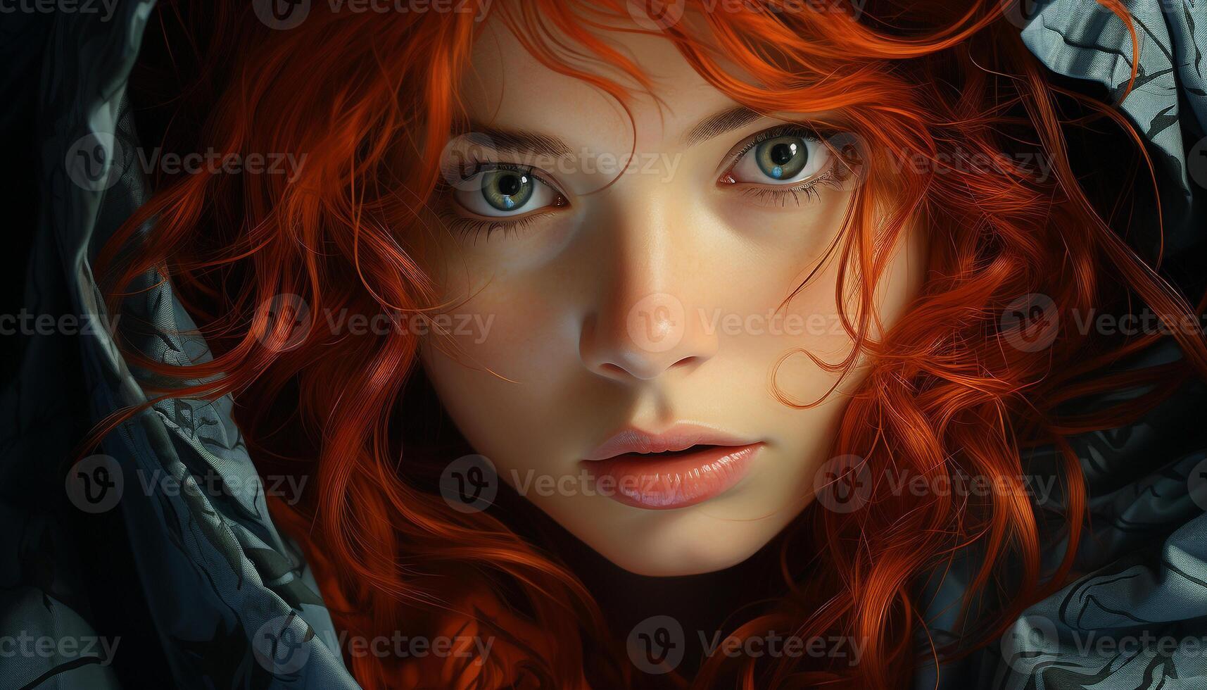 AI generated One beautiful woman with curly red hair looking at camera generated by AI photo