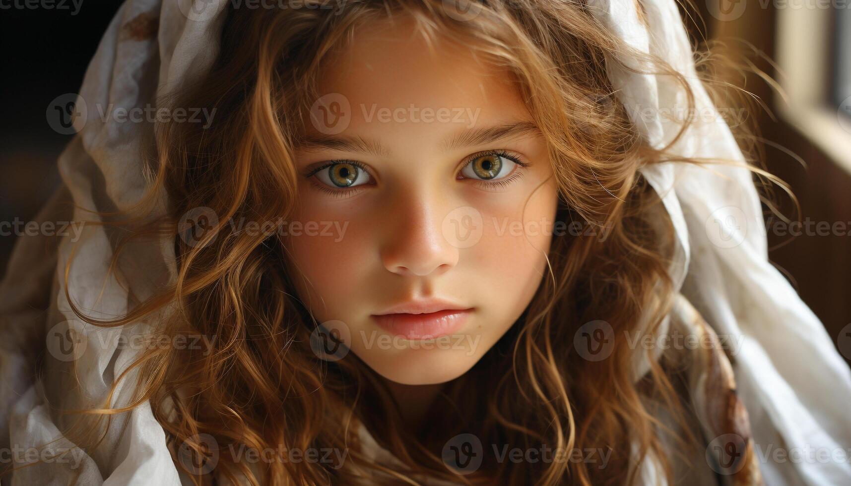 ai generado linda caucásico niña sonriente, mirando a cámara, disfrutando al aire libre generado por ai foto