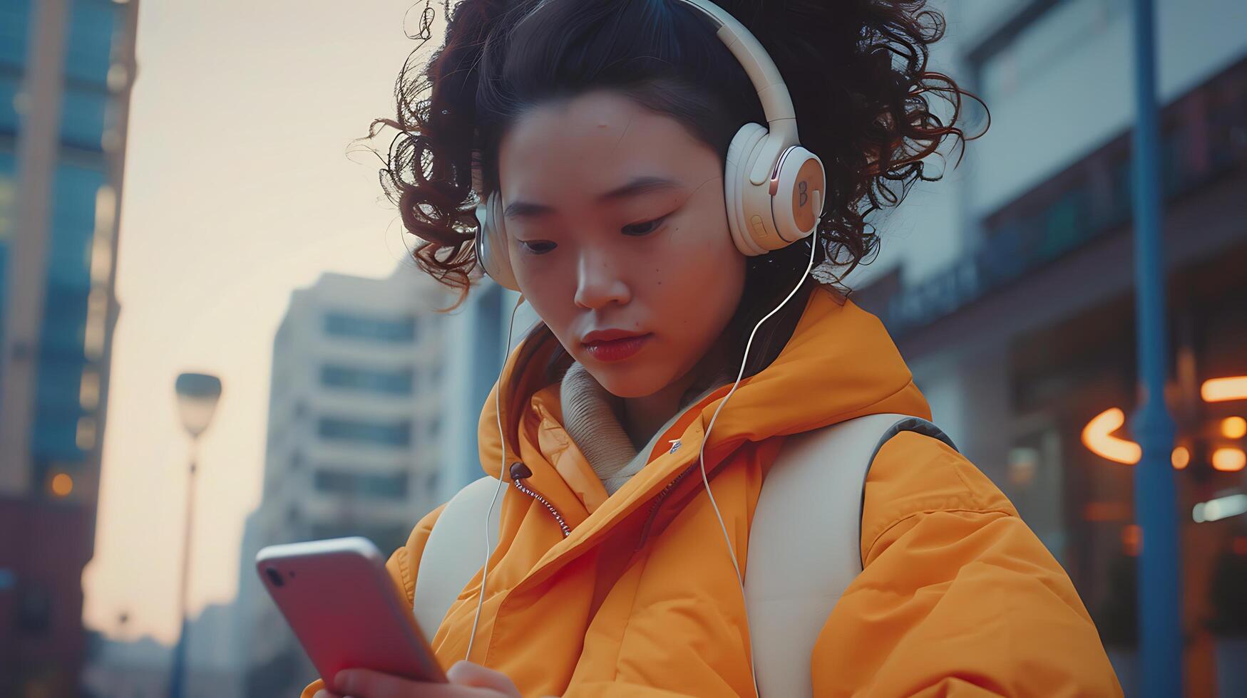 ai generado joven mujer inmerso en música y tecnología capturado en de cerca con suave borroso antecedentes foto