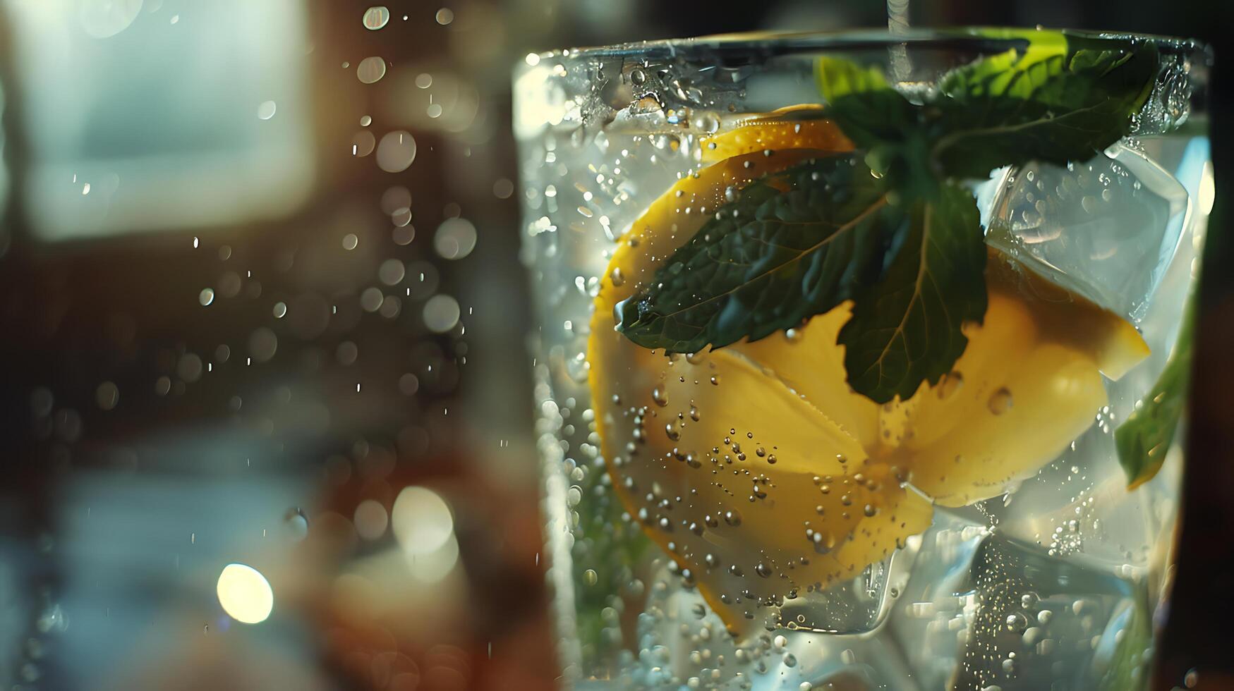 ai generado con hielo limonada refresco macro Disparo enfatizando condensación limón rebanada y soñador antecedentes foto