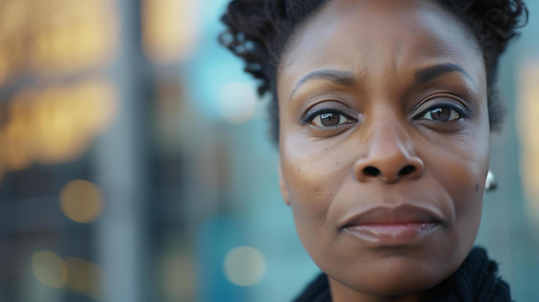 AI generated African American Womans Concerning Gaze Urban City Background in Blurred Focus photo
