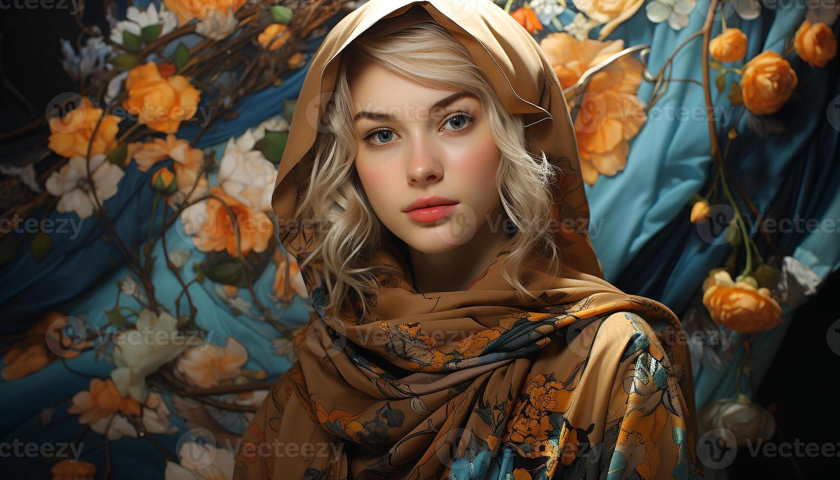 AI generated A beautiful young woman, smiling, looking at the camera generated by AI photo