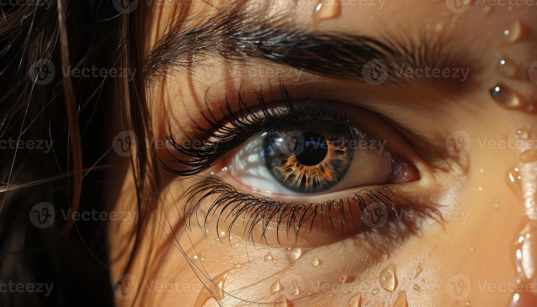 AI generated Young woman wet eye reflects nature fresh darkness generated by AI photo