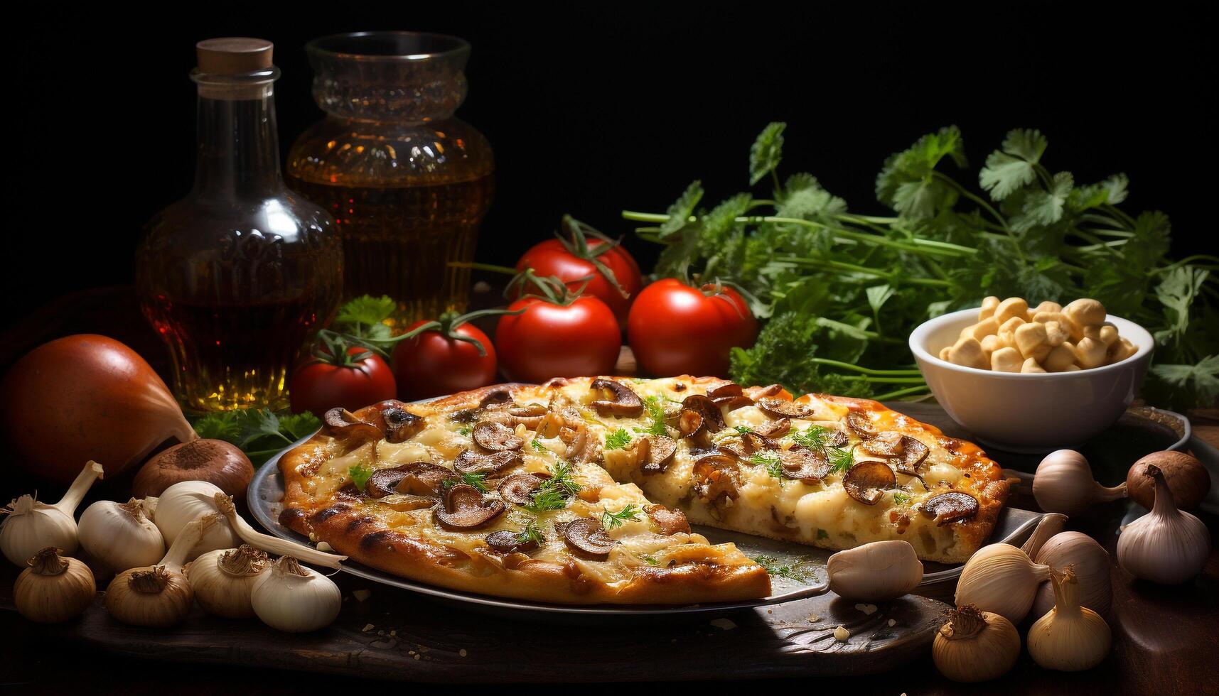 AI generated Freshness on table  gourmet pizza, wood material, mozzarella close up generated by AI photo