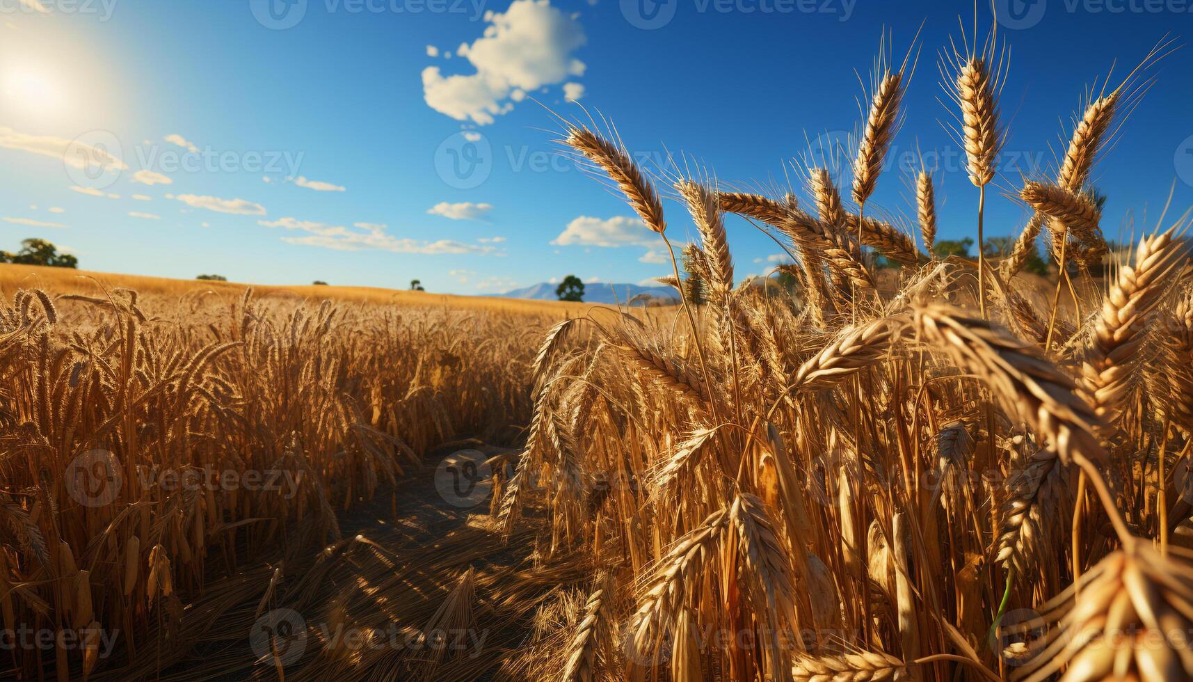 AI generated Rural farm landscape, golden wheat growth under summer sun generated by AI photo