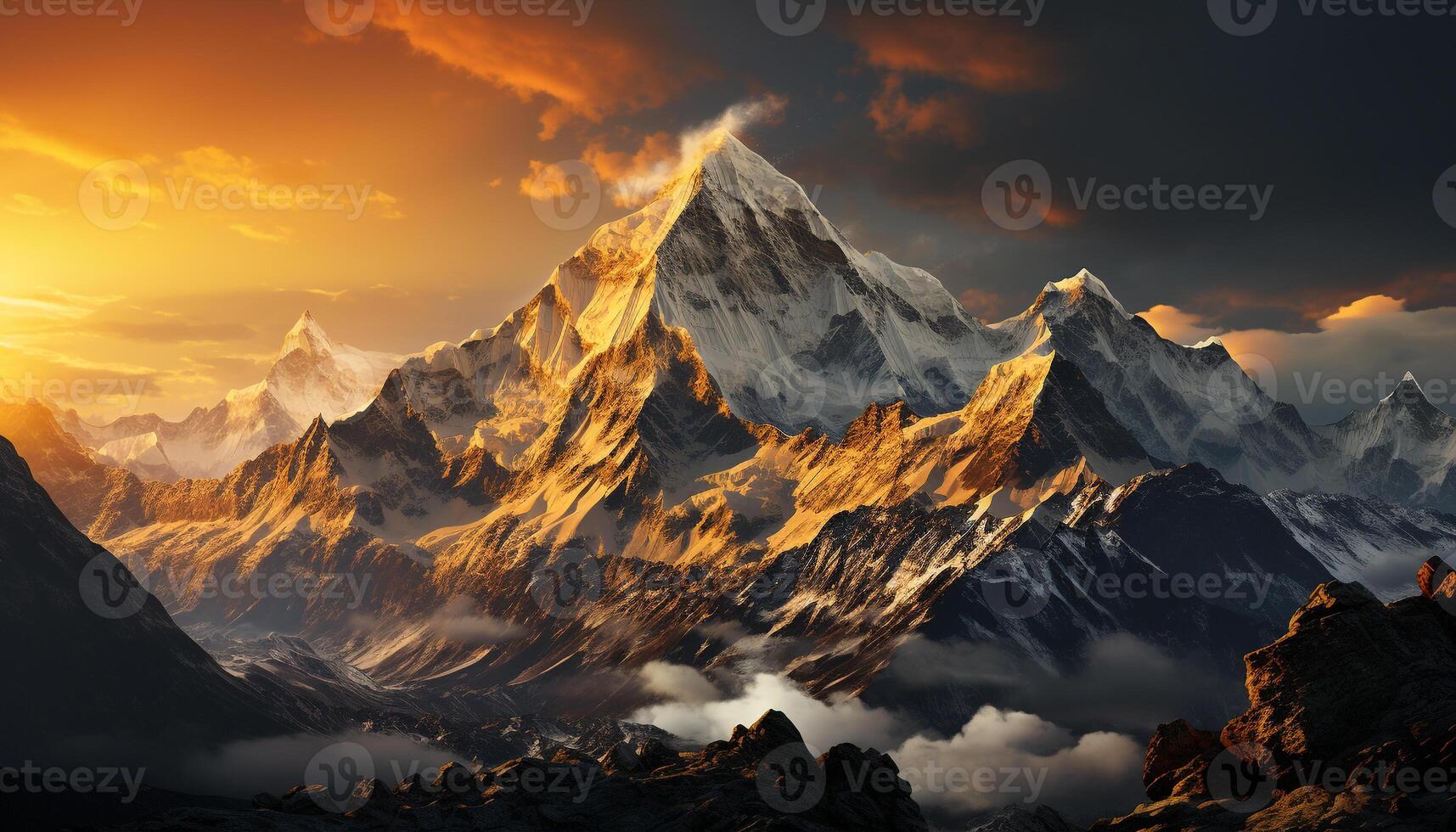 AI generated Majestic mountain range, snow capped peaks, tranquil autumn landscape generated by AI photo