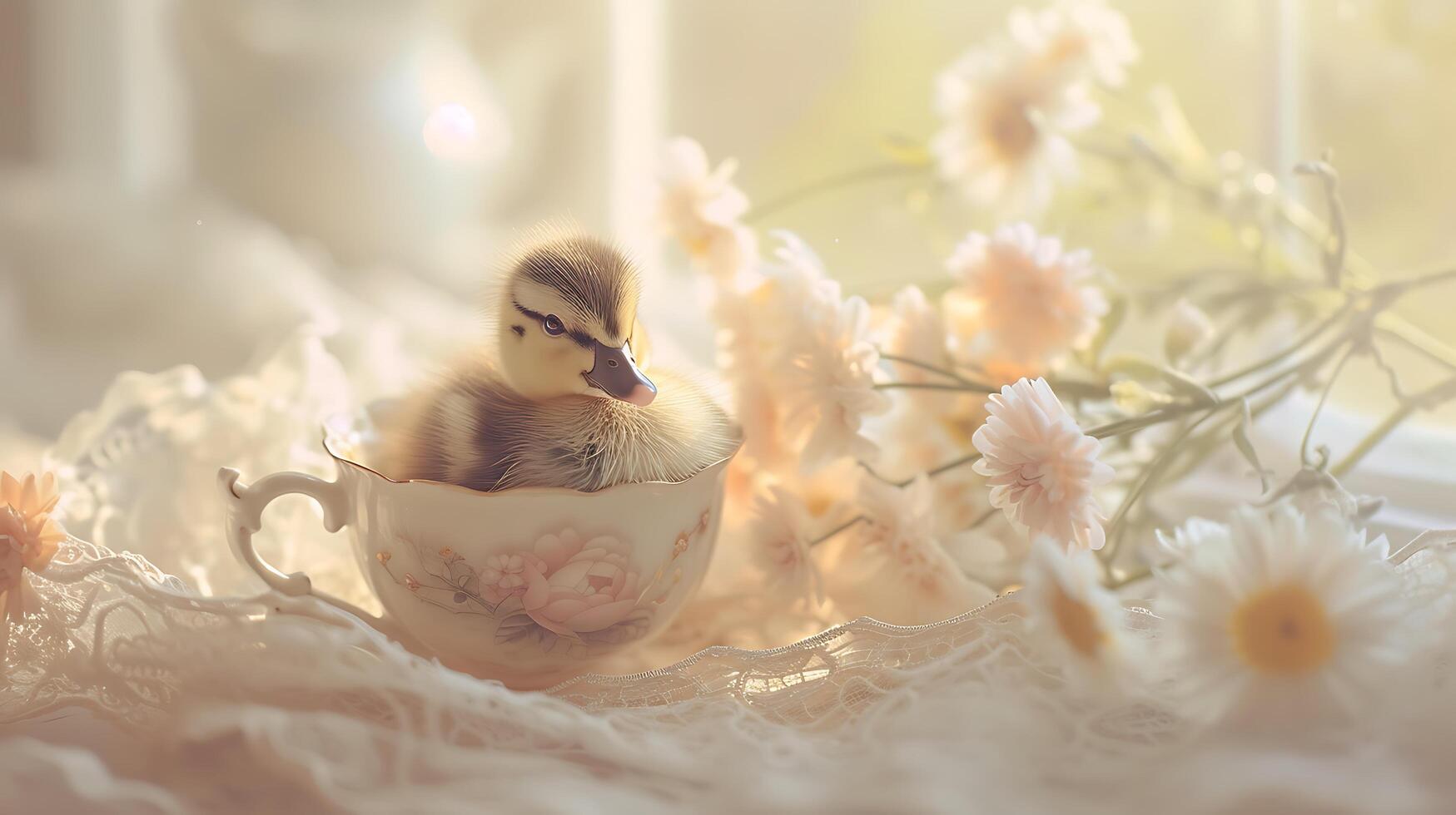 AI generated Whimsical Baby Duckling Basks in Morning Glow Amid Delicate Pastel Flowers Evoking Wonder Warmth and Joy photo