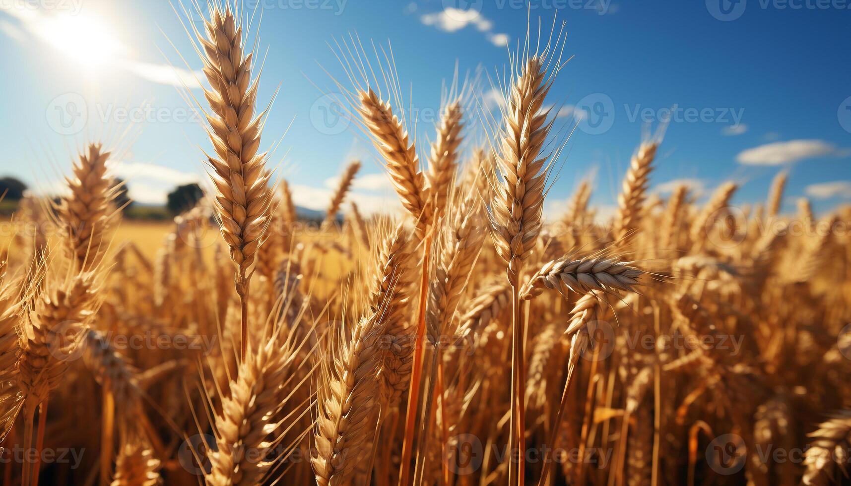 AI generated Golden wheat fields in the rural summer landscape under blue sky generated by AI photo