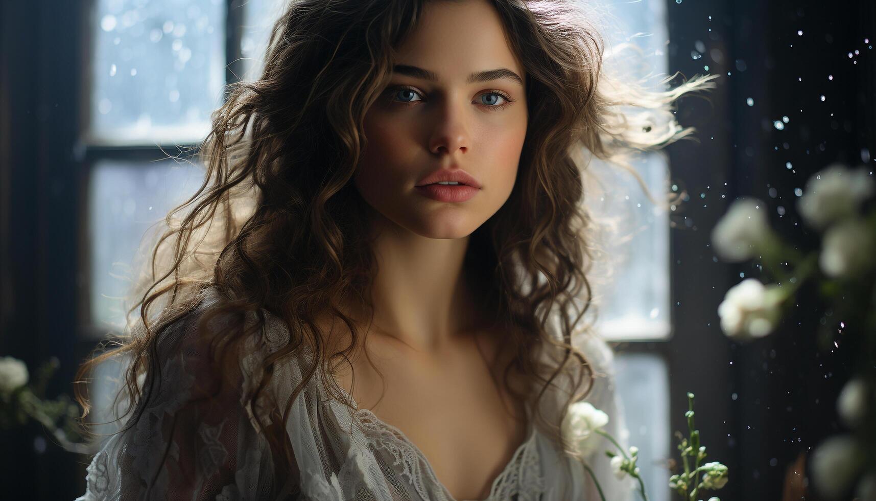 AI generated Young woman with long brown hair looking at camera sensually generated by AI photo