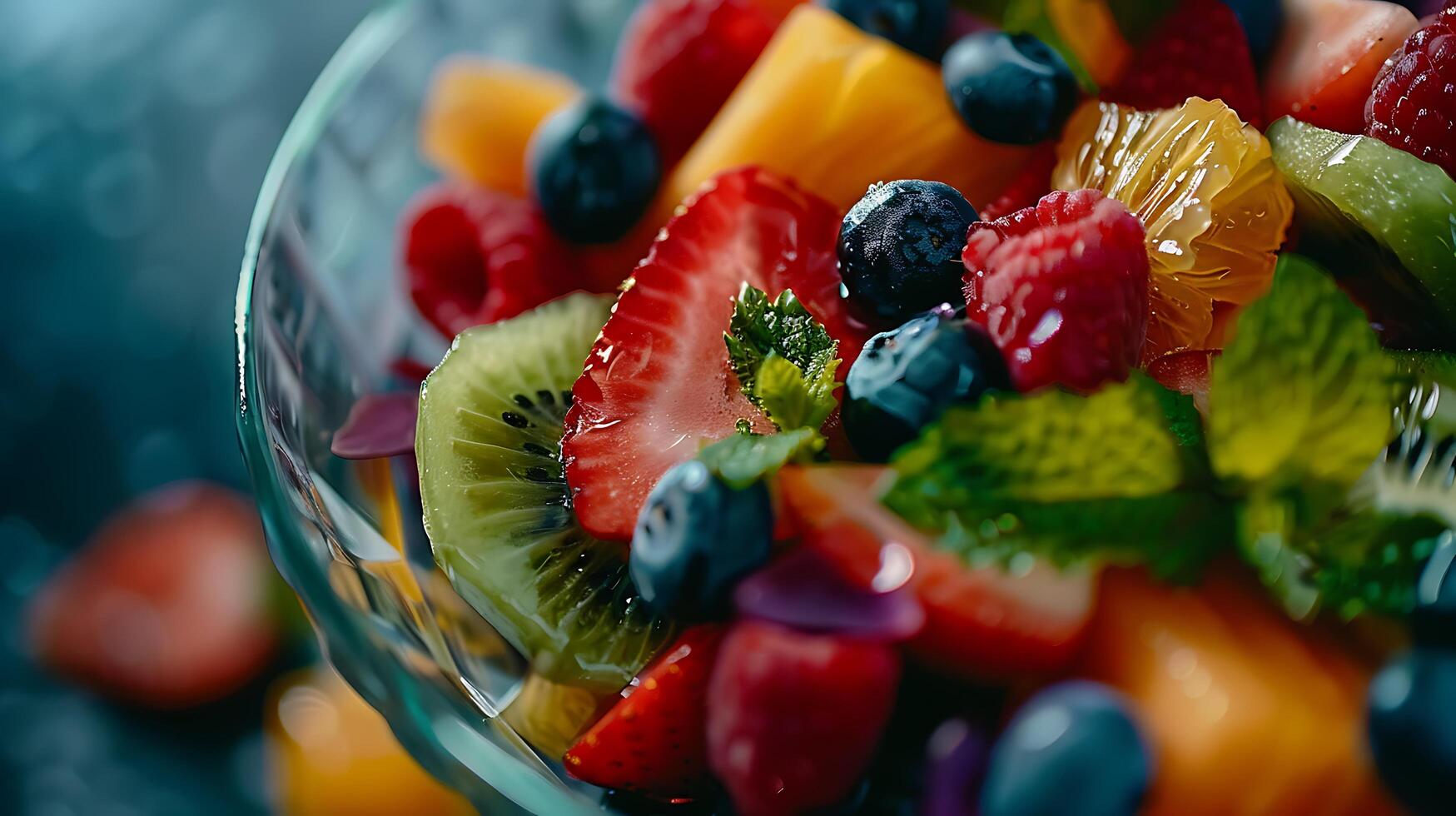 ai generado vibrante Fruta ensalada en suave ligero de cerca Disparo con 50 mm lente foto