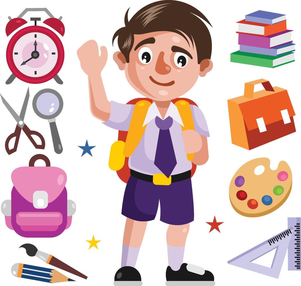 Boy Student and School Supplies Illustration vector