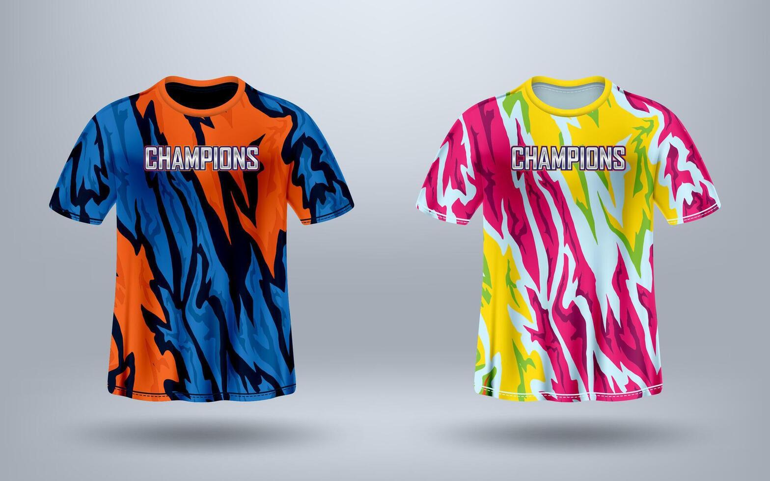 T-shirt sport design template and mockup with abstract vivid pattern for football and soccer vector