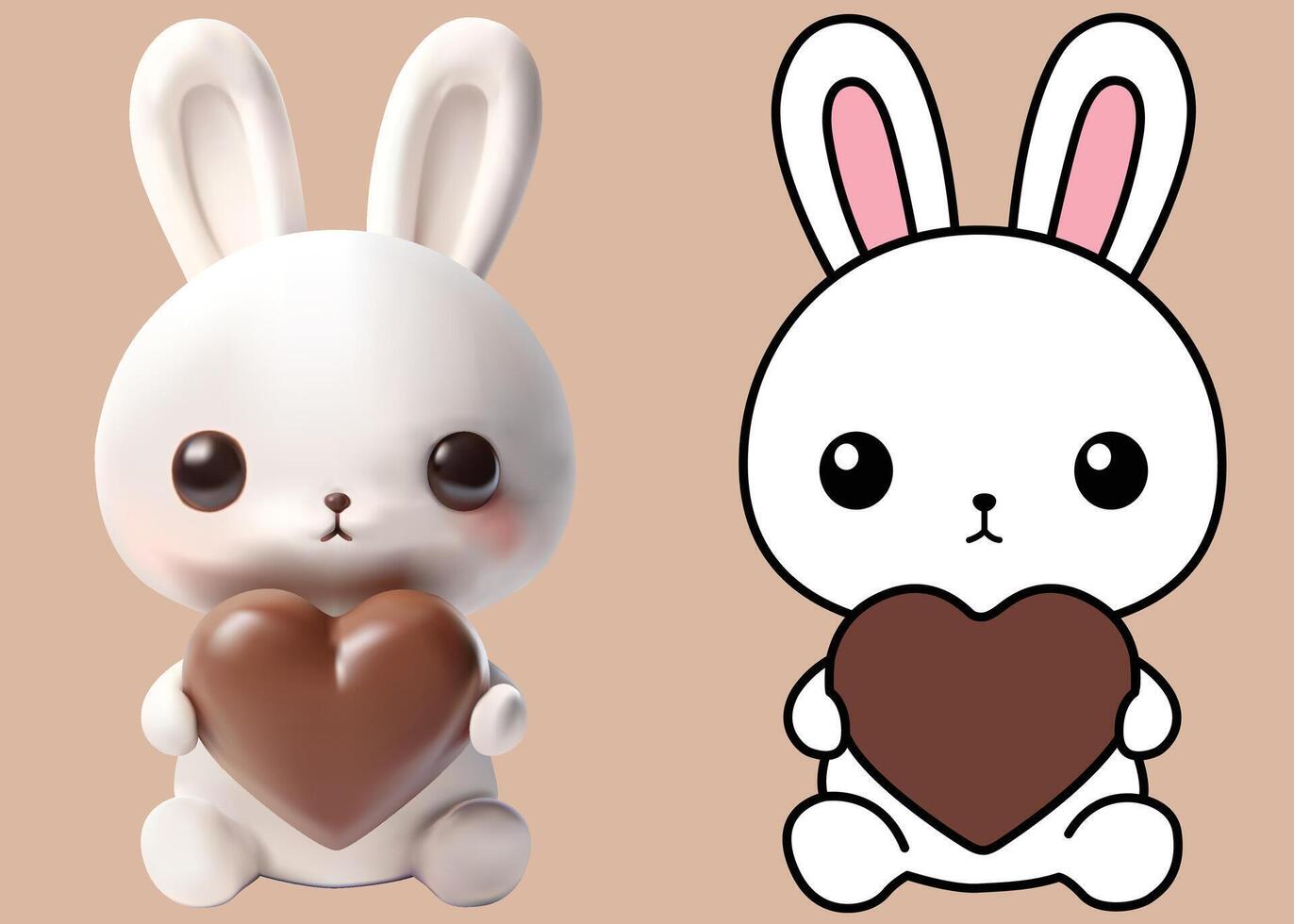 White bunny character easter theme hand holding chocolate has the heart shape 2 style 3D vector and 2D for card, ads, and banner.