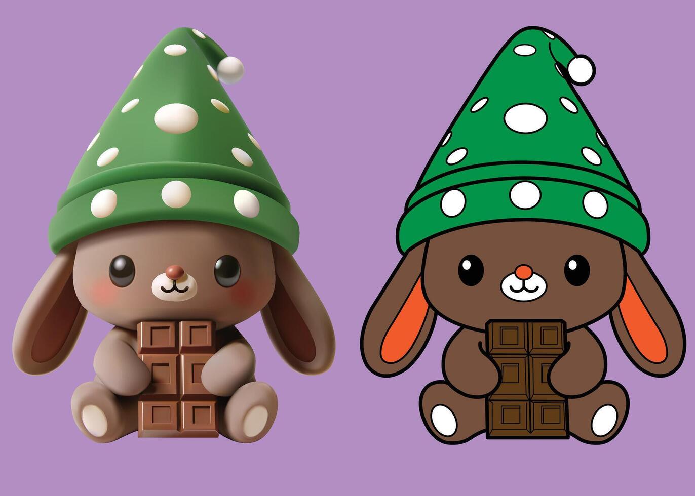 Brown bunny green Gnome hat cartoon character 3D and 2D vector