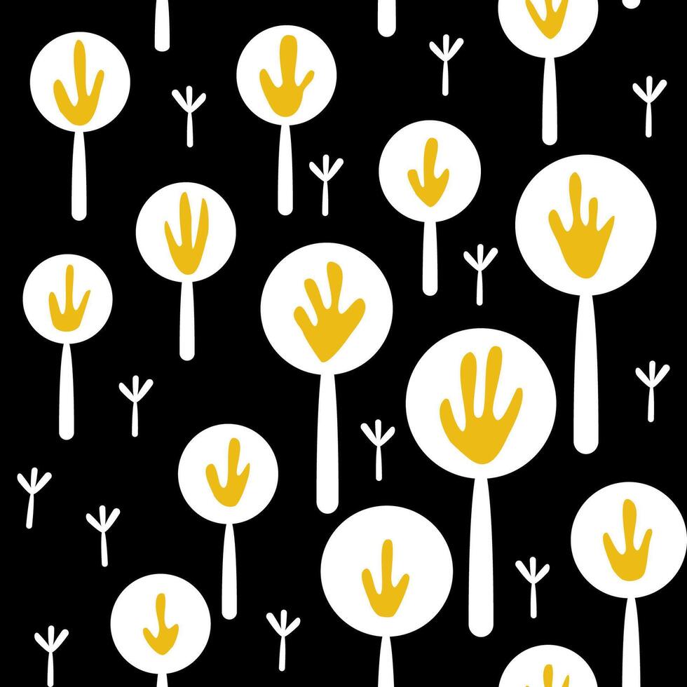 Seamless contrast pattern with stylized dandelions in black, white and yellow colors, abstract seeds vector