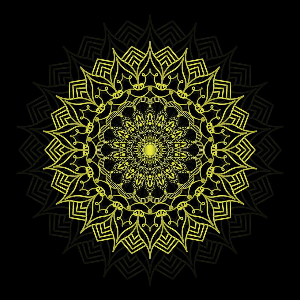 Luxury mandala design black background in gold color vector