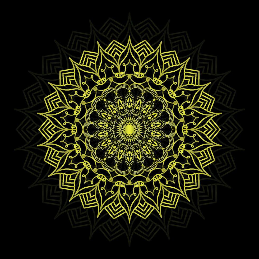 Luxury mandala design black background in gold color vector