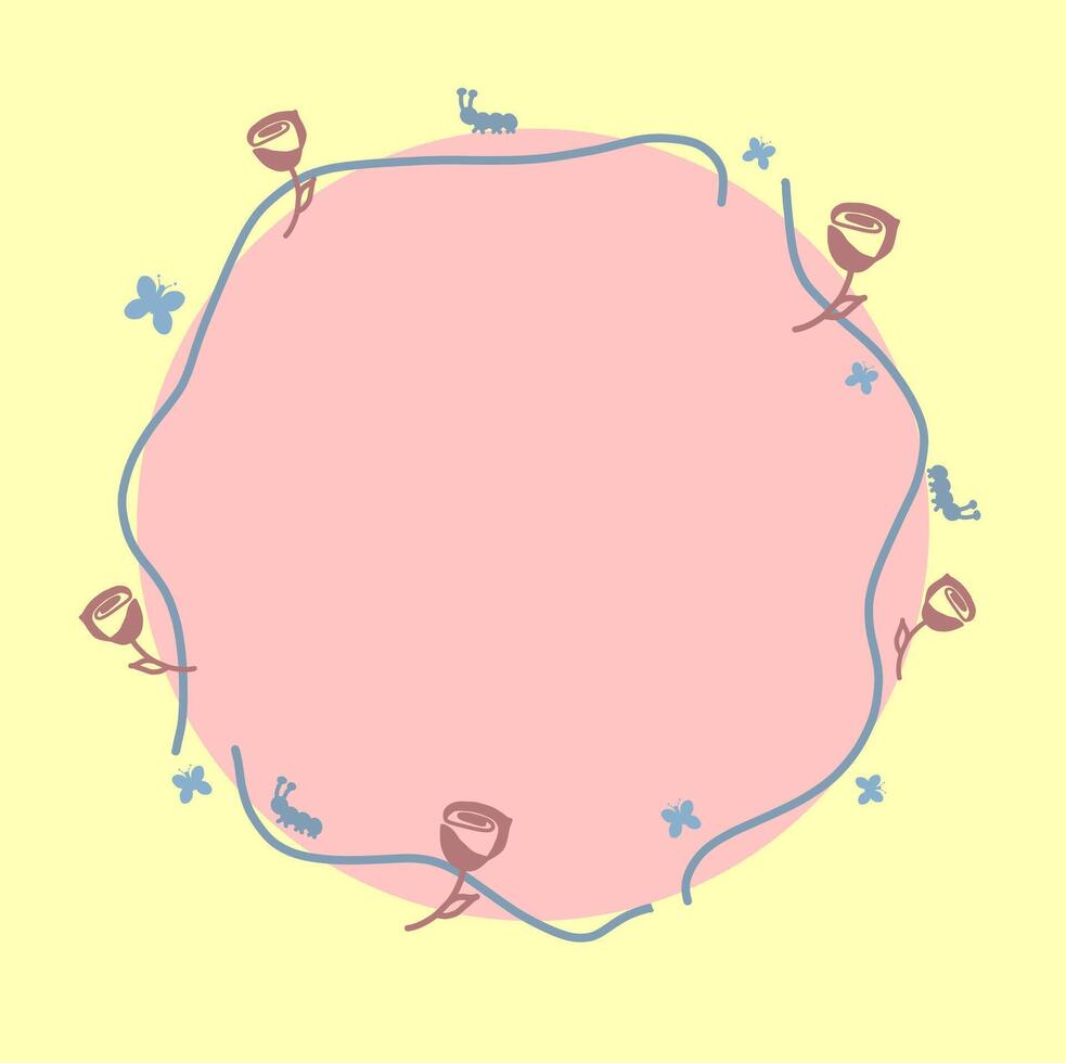 circular marco con jardín elementos alrededor tal como gusanos, mariposas y flores vector