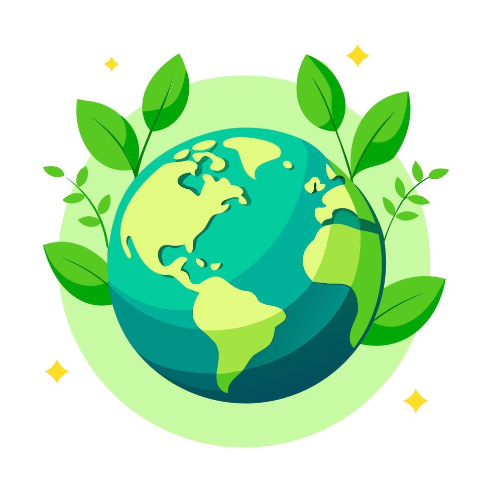 earth globe with green leaves and stars, vector illustration