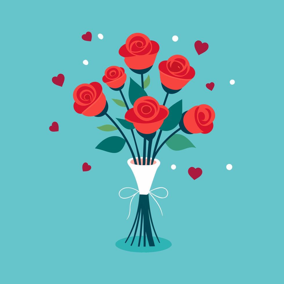 a bouquet of red roses with hearts on a blue background vector