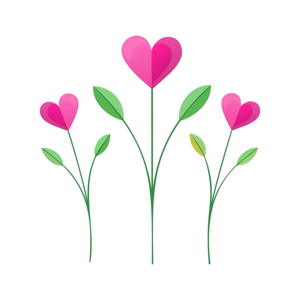 Tres rosado corazones con verde hojas en un blanco antecedentes vector