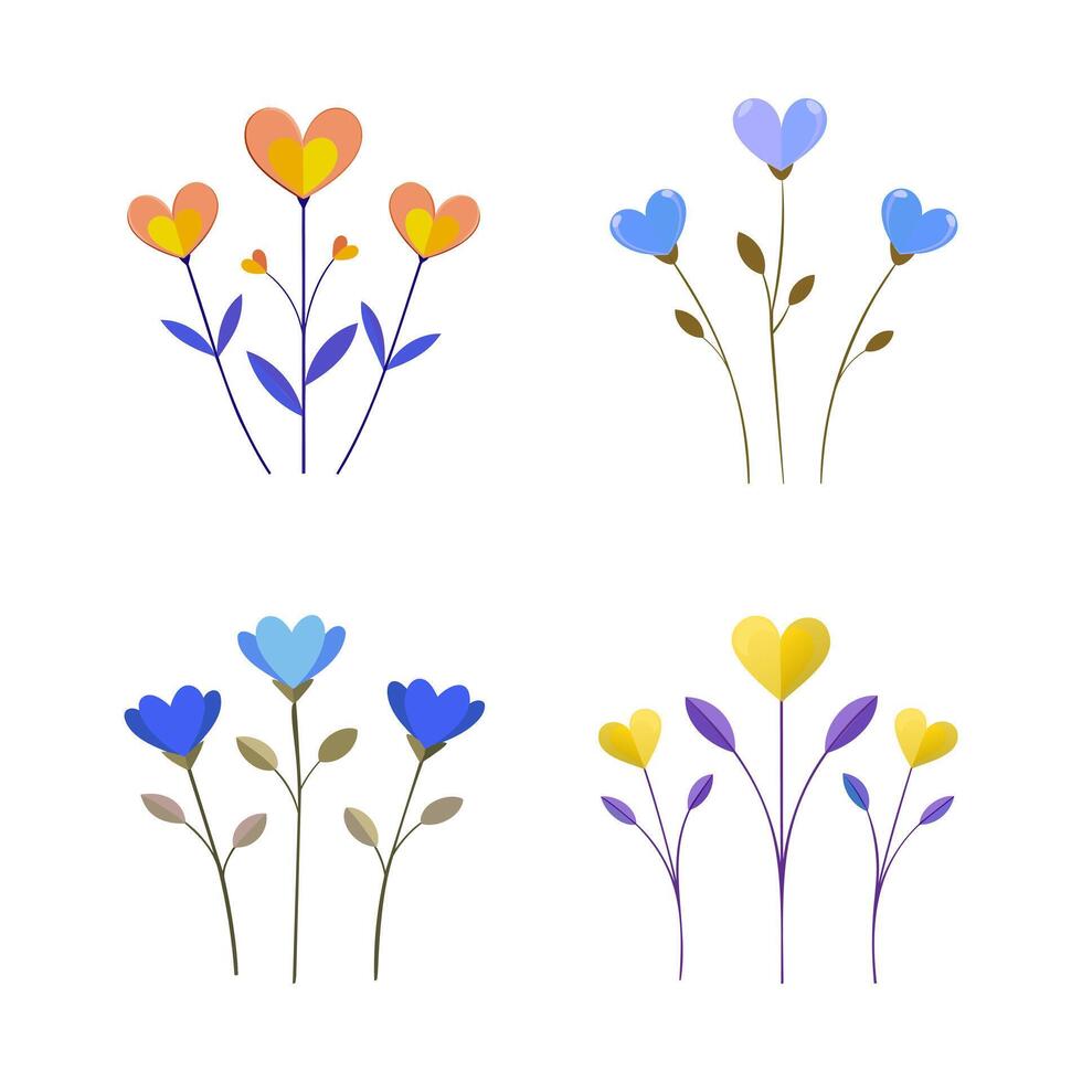 cuatro diferente flores con corazones y hojas vector