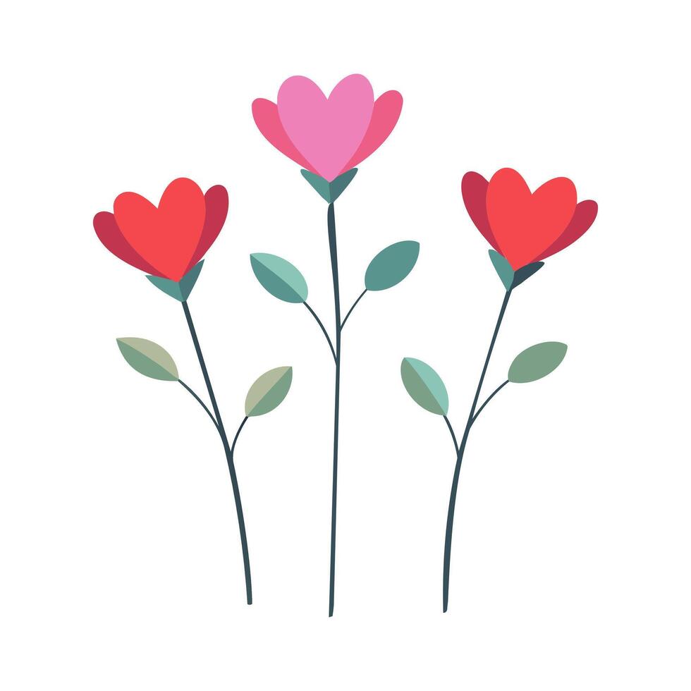 three red flowers with leaves on a white background vector