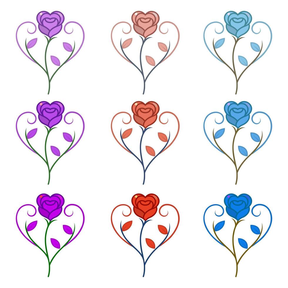 set of roses with leaves in heart shape vector