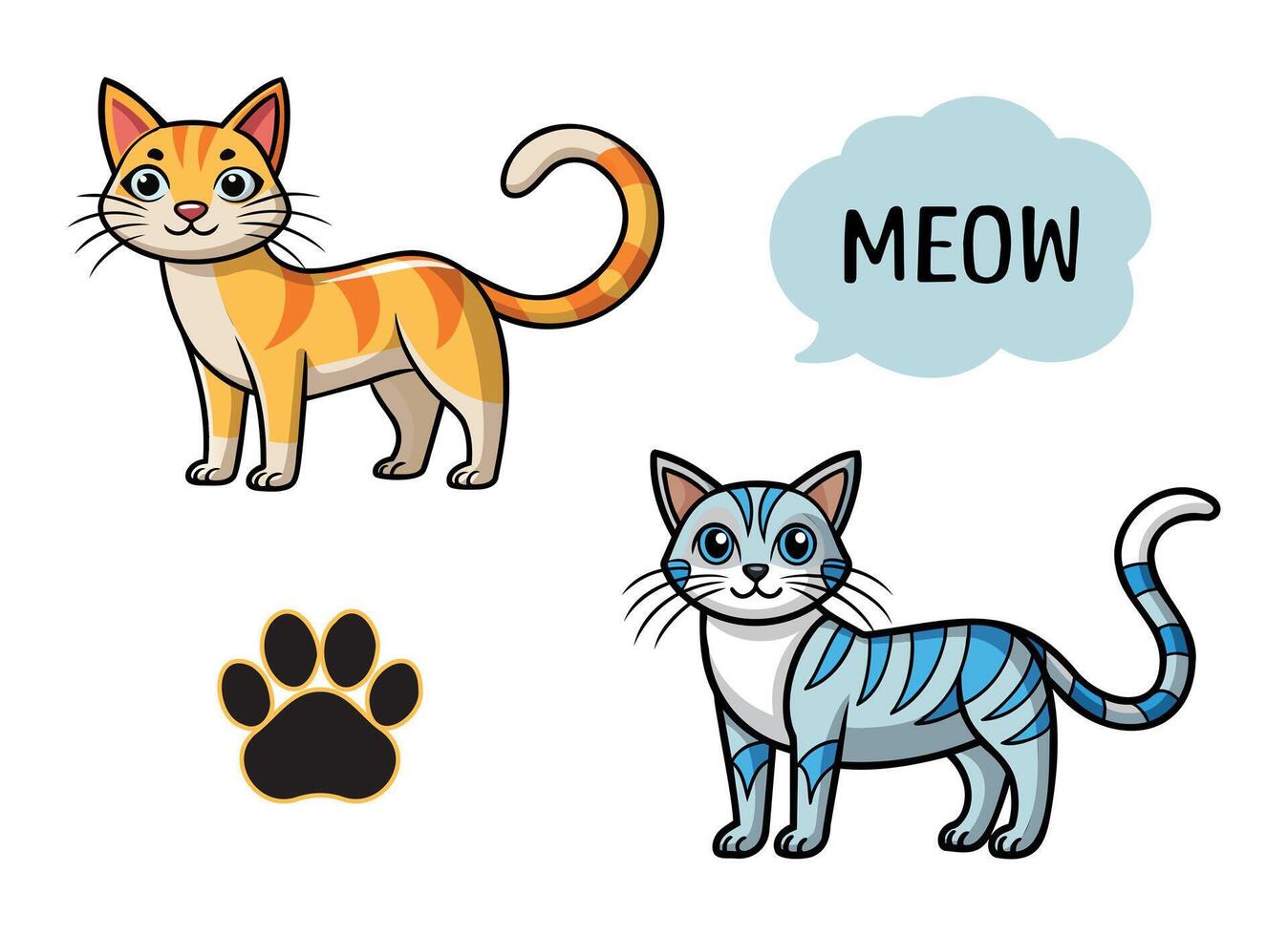 a cartoon cat, cat pot and the words meow vector