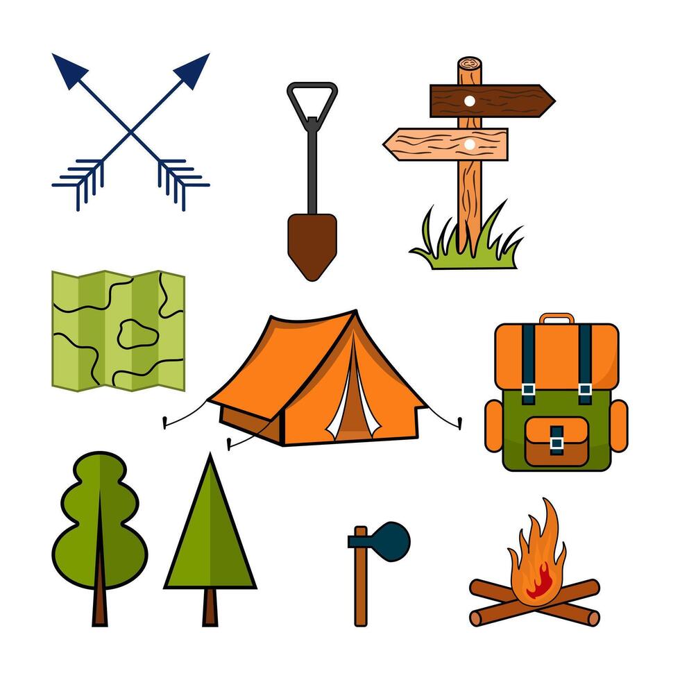 Camping vector hand drawn colorful icon set