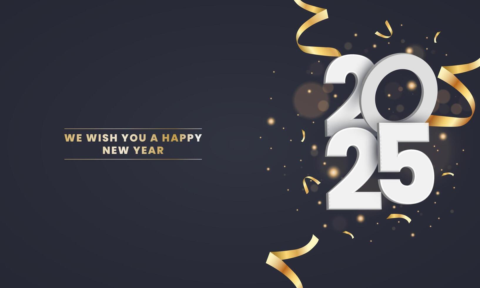 contento nuevo año 2025. blanco 3d números con oro Navidad decoraciones y papel picado en un gris antecedentes. fiesta saludo tarjeta diseño. vector