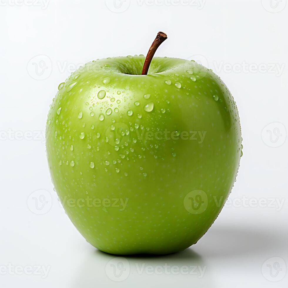 ai generado verde manzana con agua gotas en un blanco antecedentes foto